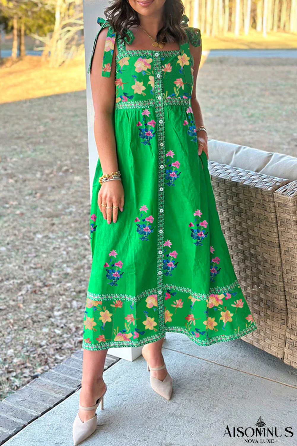 Green Floral Print Contrast Trim Knotted Straps Midi Dress