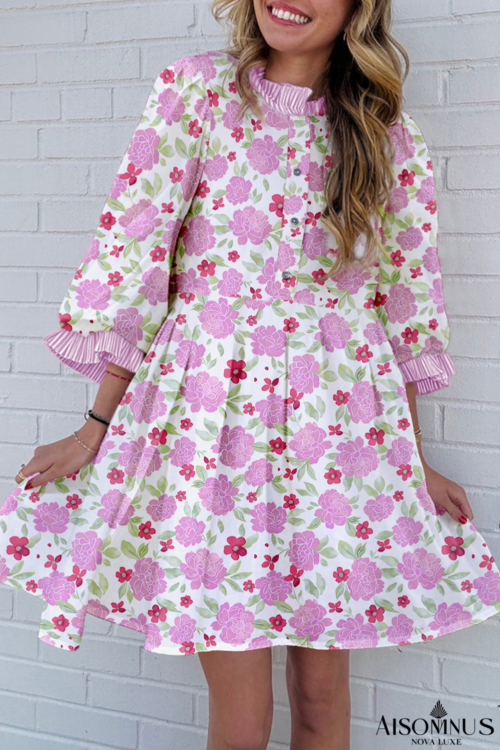 Pink Floral Print Striped Trim Flowy Mini Dress