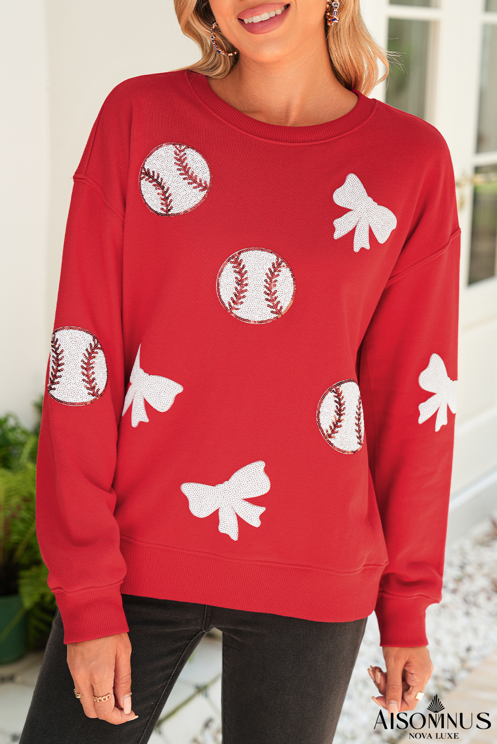 Red Sequin Bow and Baseball Graphic Game Day Fashion Sweatshirt