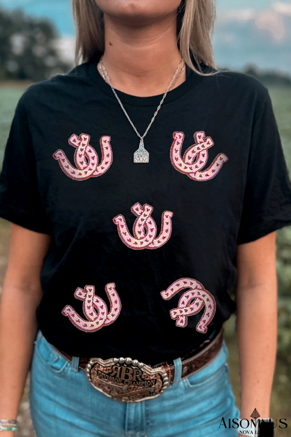 Black Sequin Horseshoe Pattern Crew Neck T Shirt