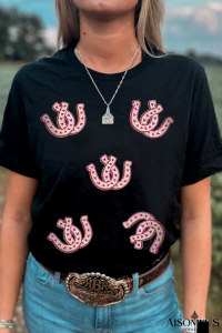 Black Sequin Horseshoe Pattern Crew Neck T Shirt