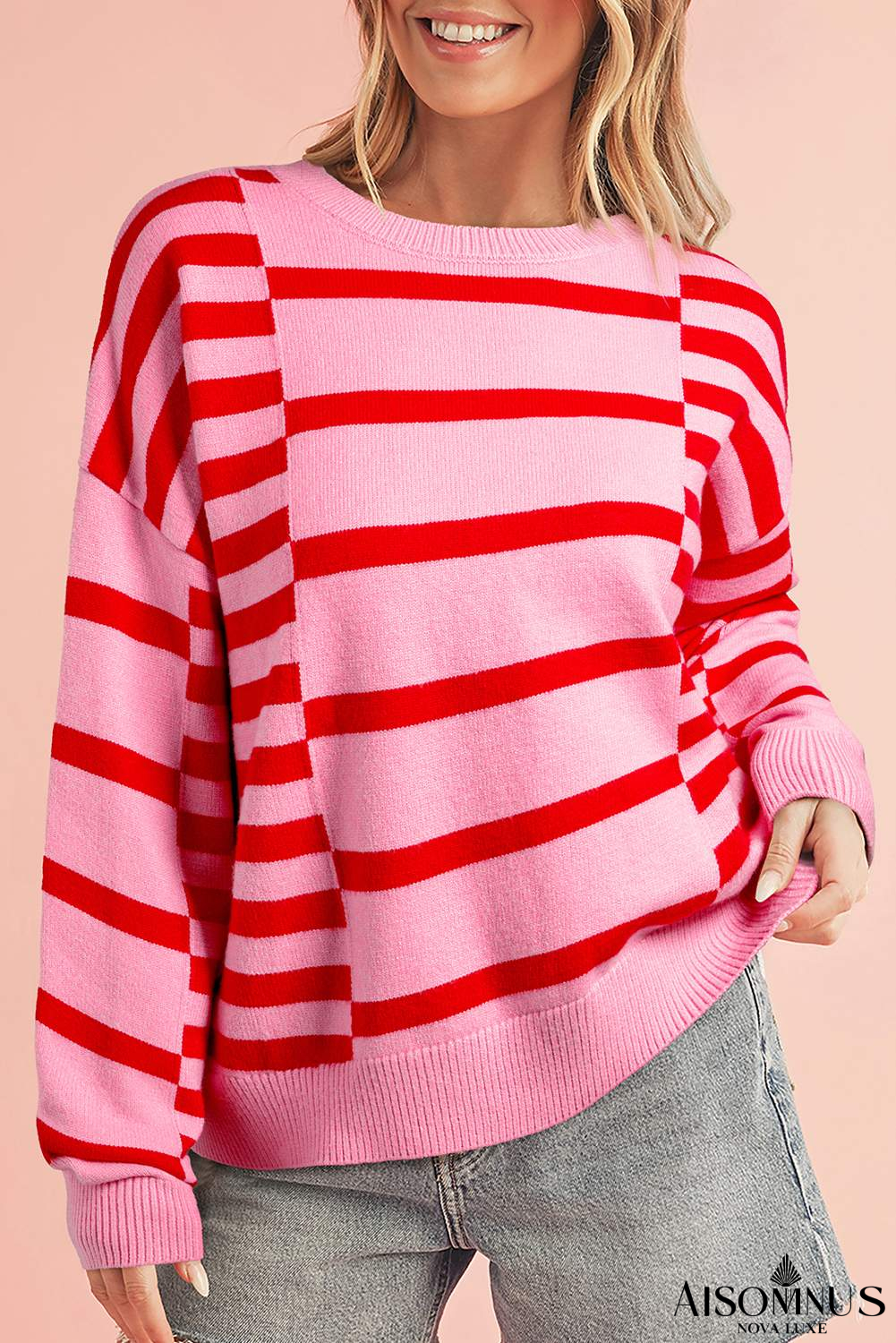 Pink Striped Crewneck Drop Sleeve Knit Sweater