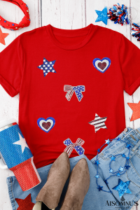 Red American Flag Sequined Pattern Crewneck Tee