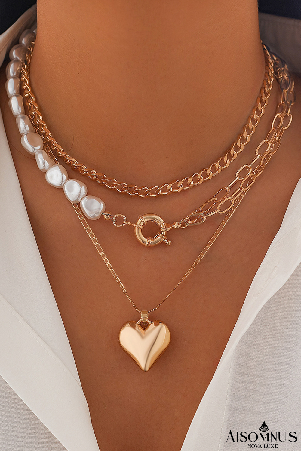 Gold 3pcs Layered Pearl Chain Bow Charm Necklace Set