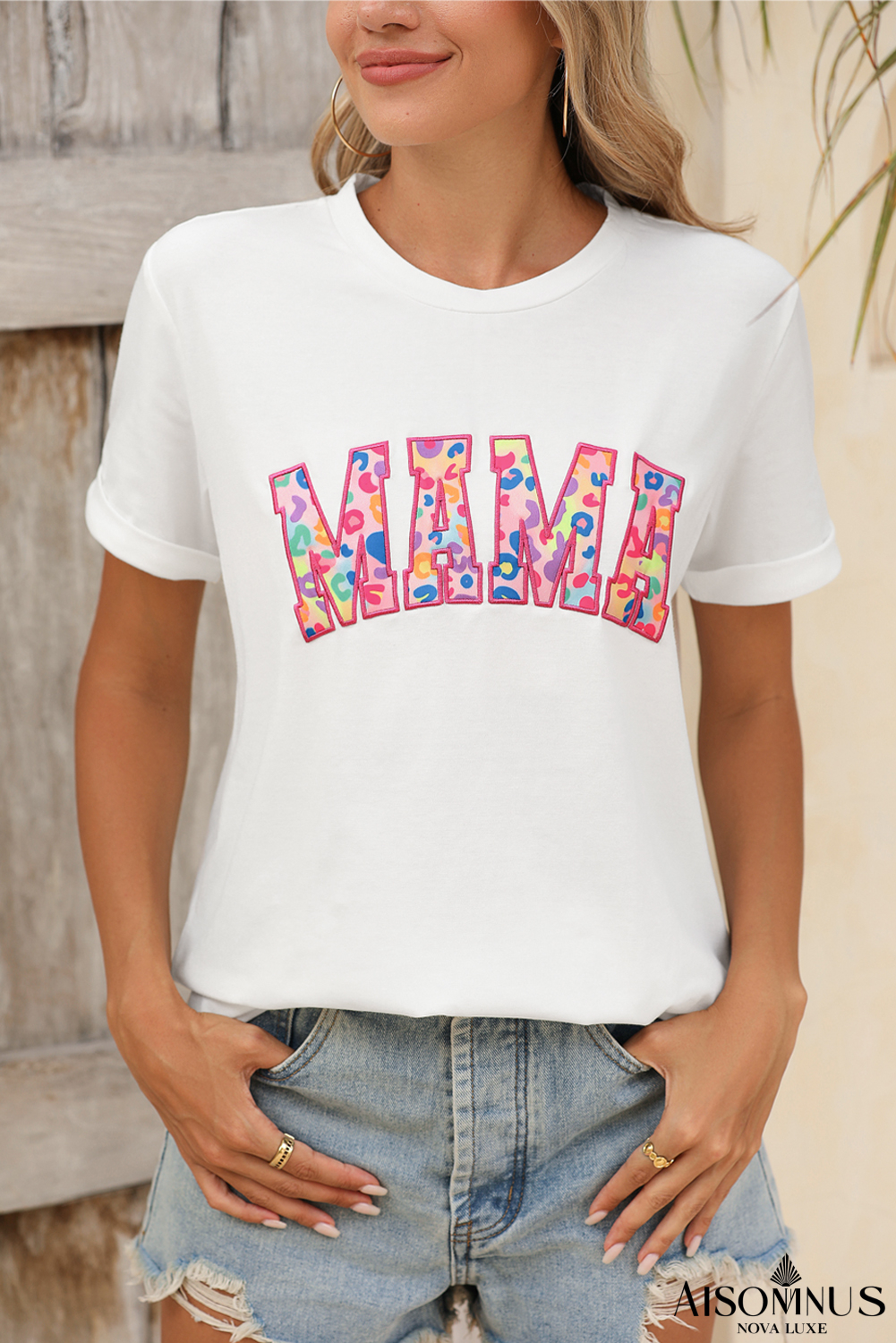 White MAMA Leopard Embroidered Crew Neck Graphic Tee