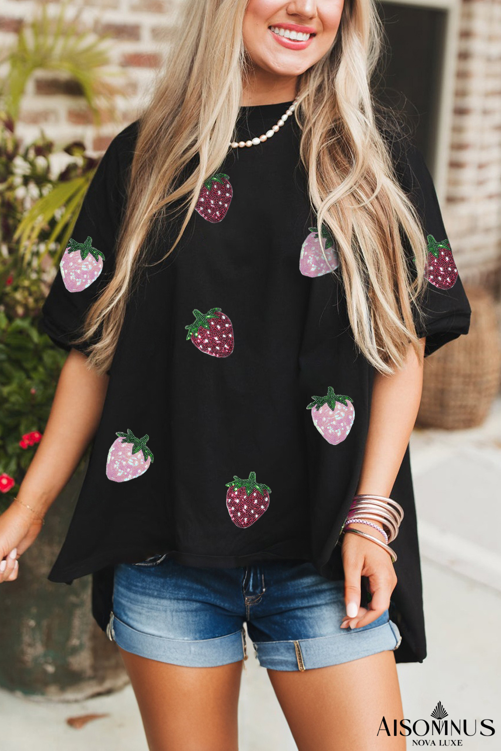 Black Sequin Strawberry Graphic High Low Relaxed Fit Tee