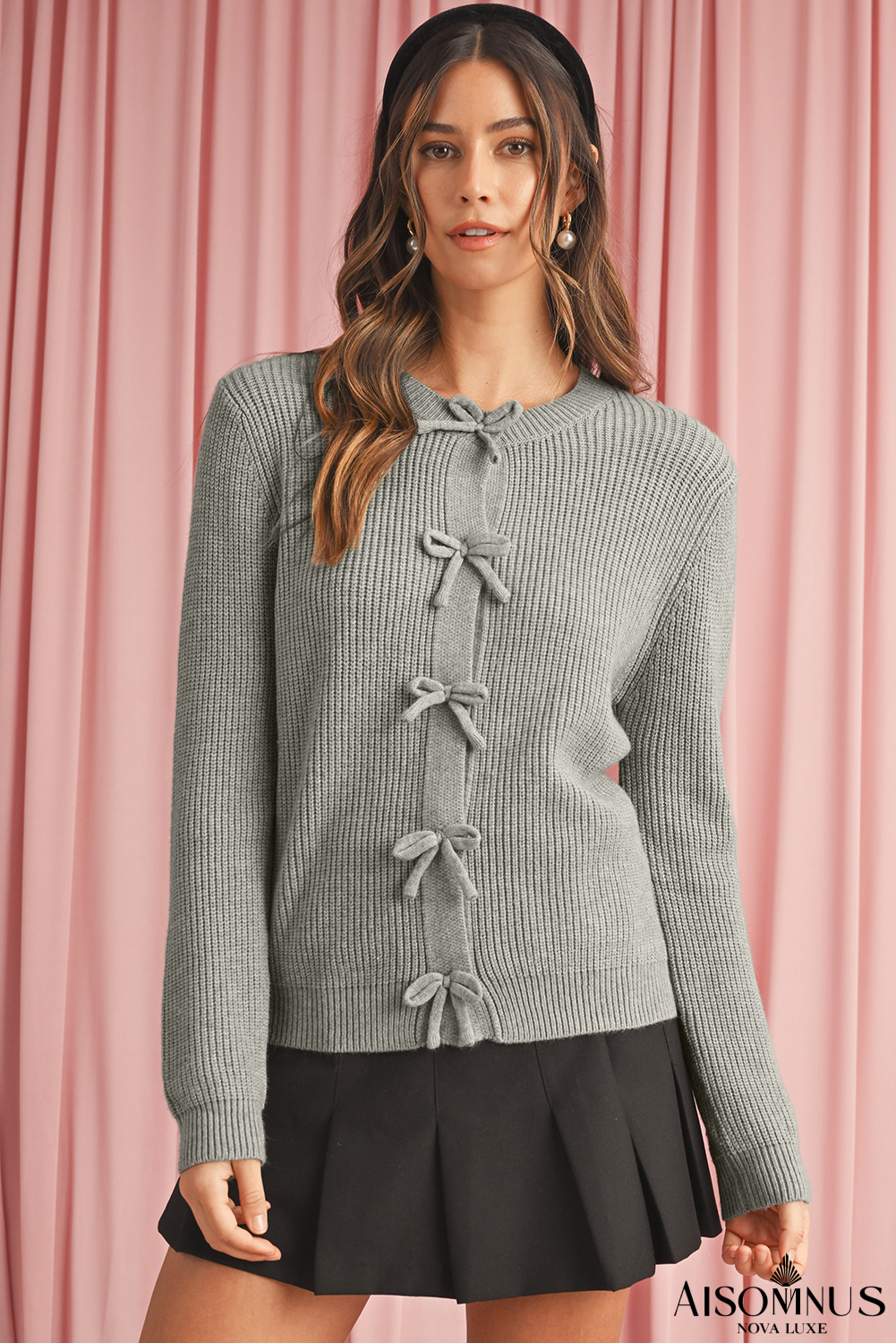 Philippine Gray Sweet Bow Front Cropped Knit Cardigan