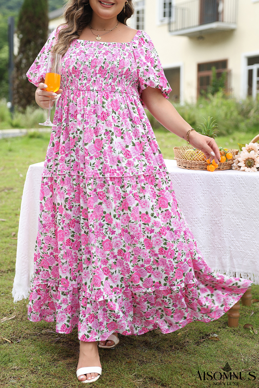 Pink Plus Size Floral Print Smocked Puff Sleeve Maxi Dress
