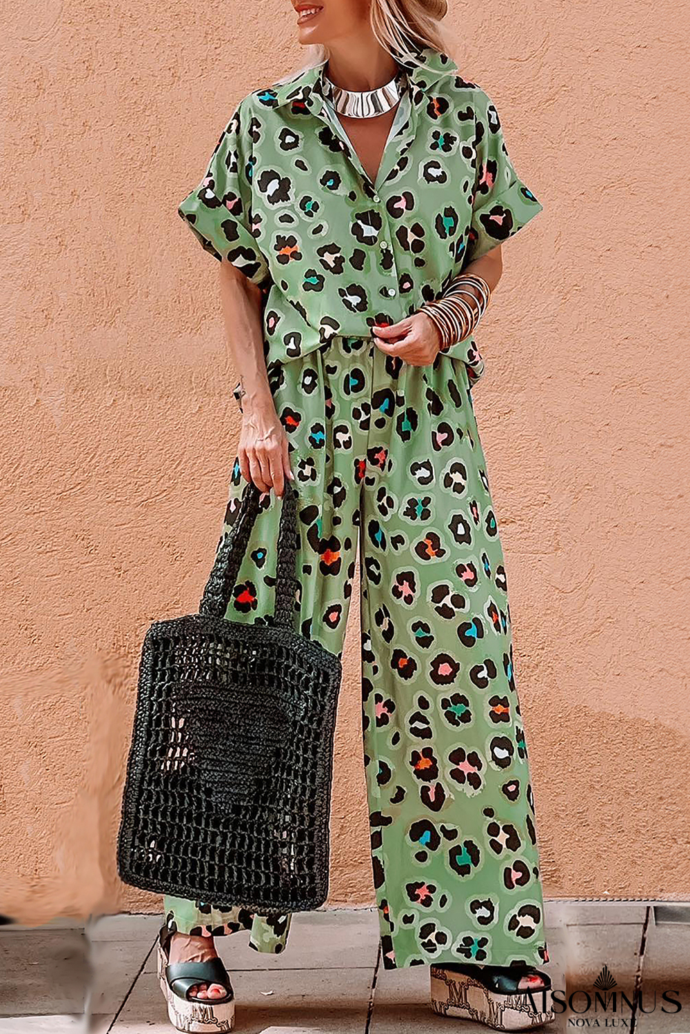 Green Leopard Print Short Sleeve Shirt and Wide Leg Pants Set