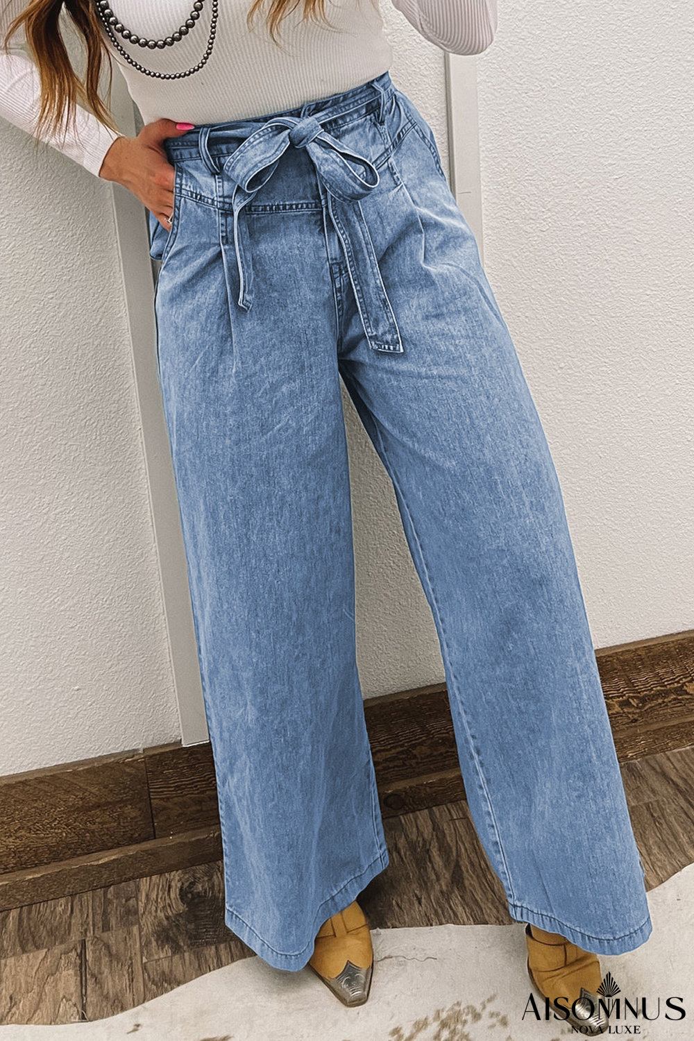 Beau Blue Vintage Washed Knot Belt Wide Leg Jeans