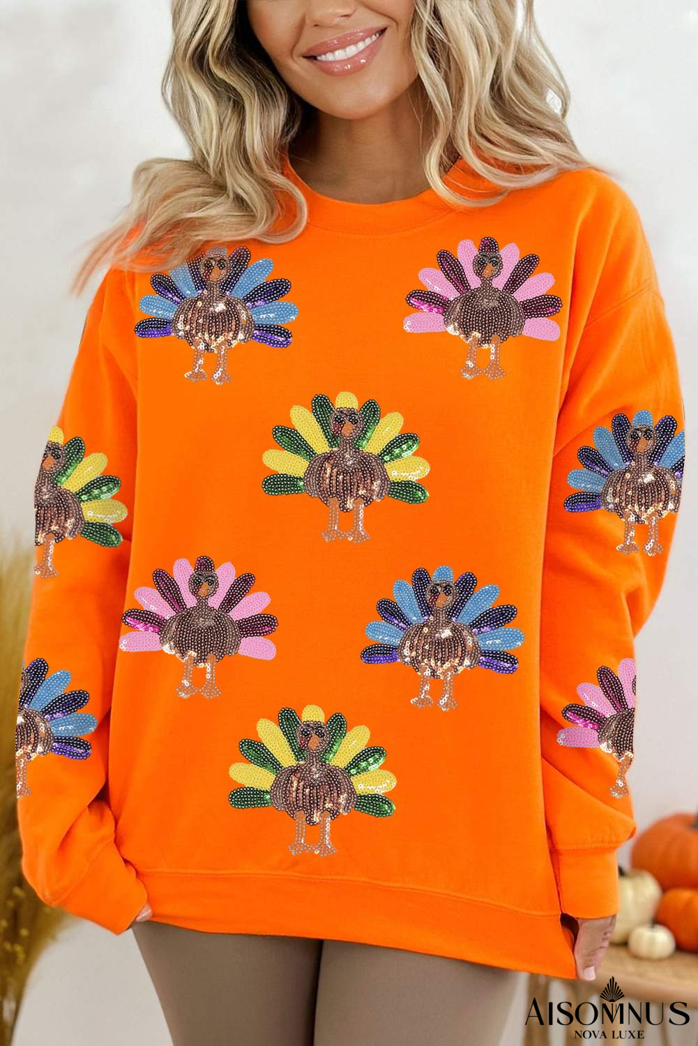 Orange Colorful Sequin Turkey Thanksgiving Graphic Sweatshirt