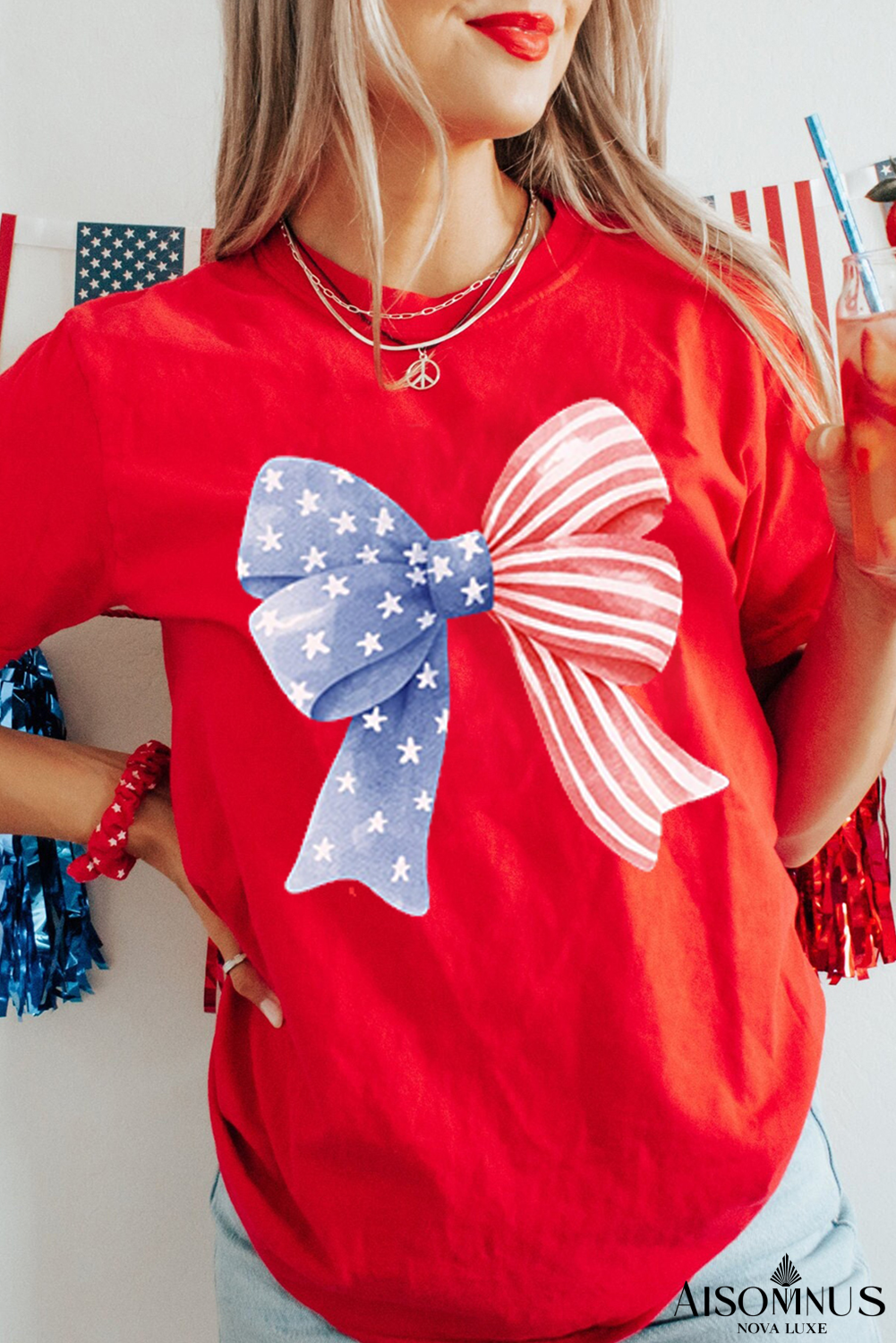 Red USA Flag Bow Print Independence Day T Shirt