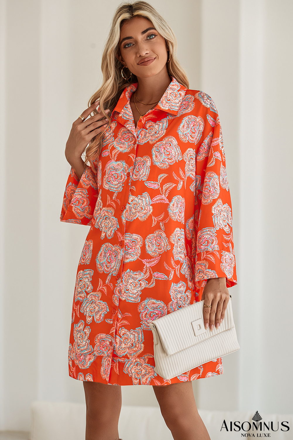 Red Floral Print Lapel Collar Loose Shirt Mini Dress