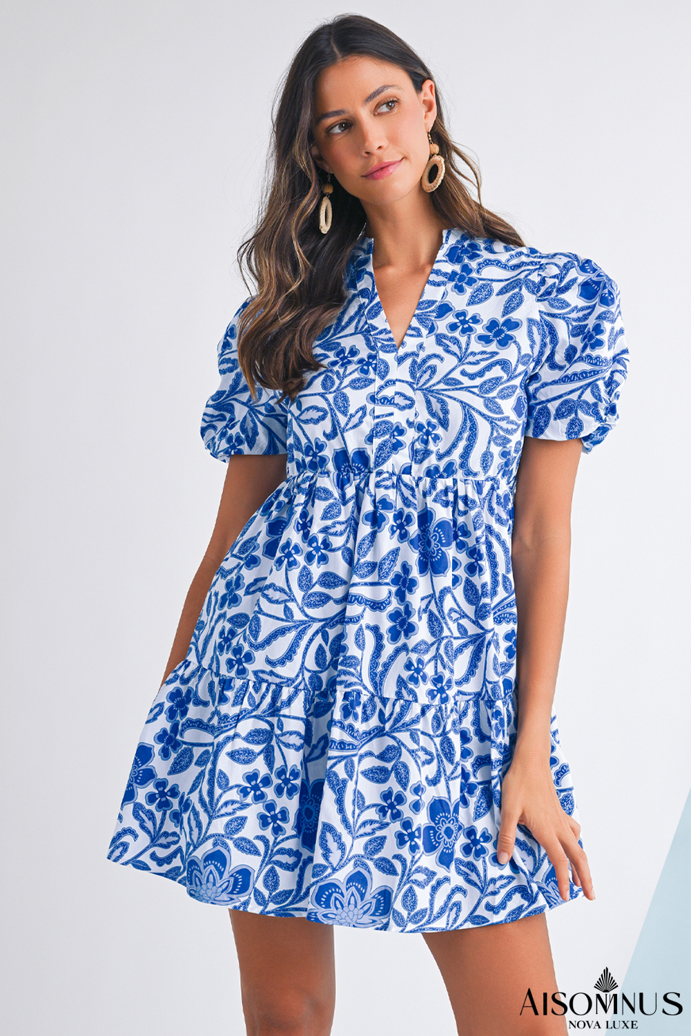 Blue Flower Print Puff Sleeve Ruffle Mini Dress