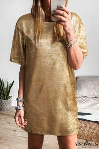 Gold Metallic Luster Crewneck Mini T-Shirt Dress