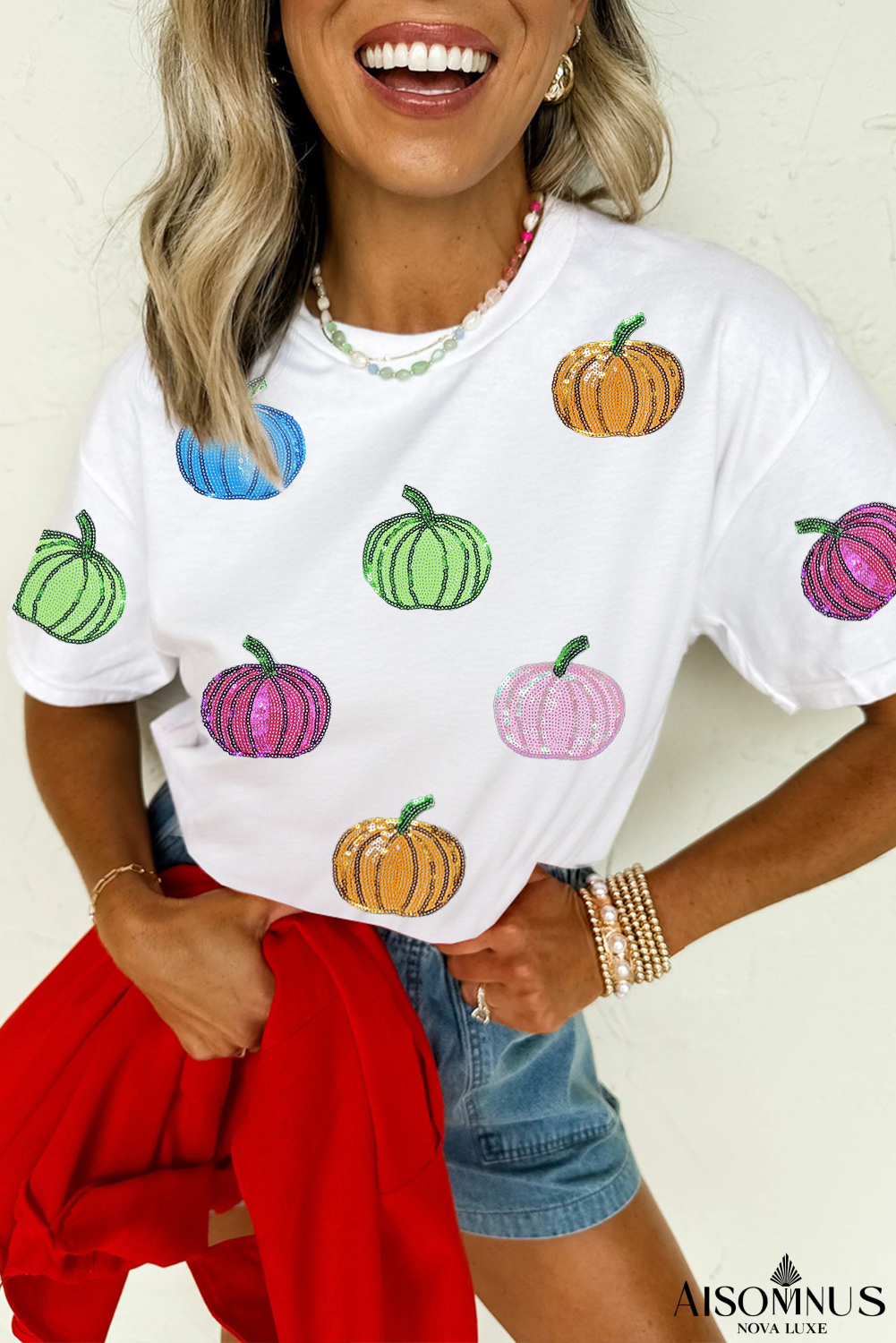 White Sequin Pumpkin Patched Cotton Blend T Shirt