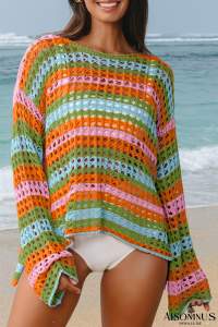Carrot Striped Hollow Knit Summer Beach Cover Up