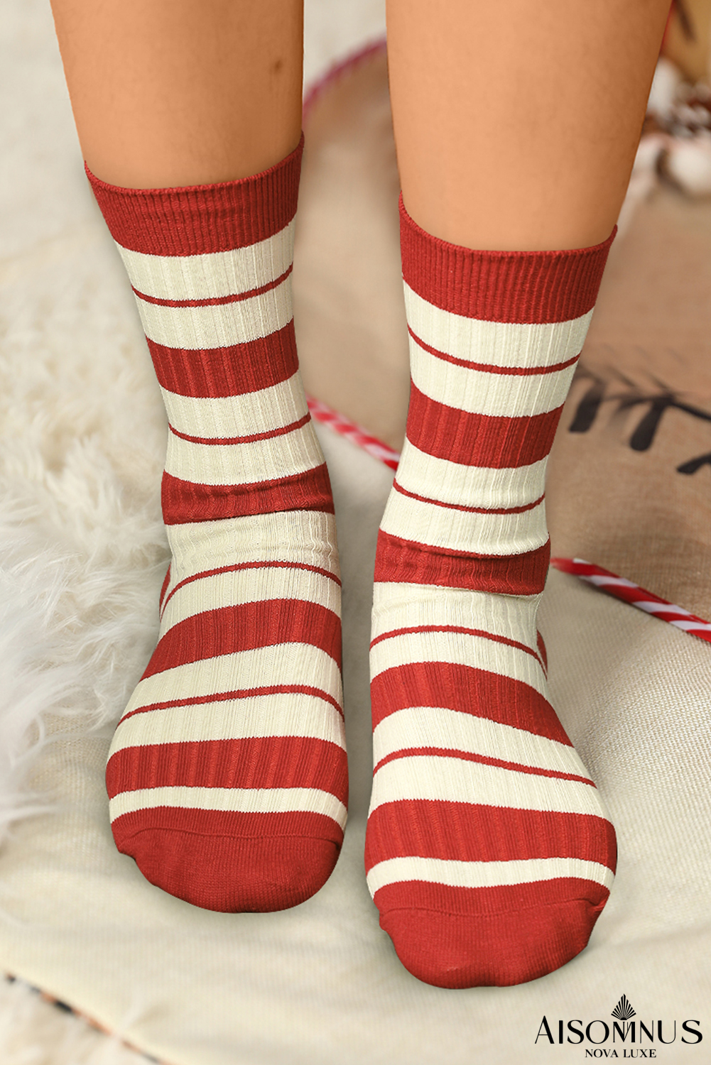 Fiery Red Christmas Color Block Ribbed Crew Socks