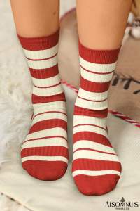 Fiery Red Christmas Color Block Ribbed Crew Socks