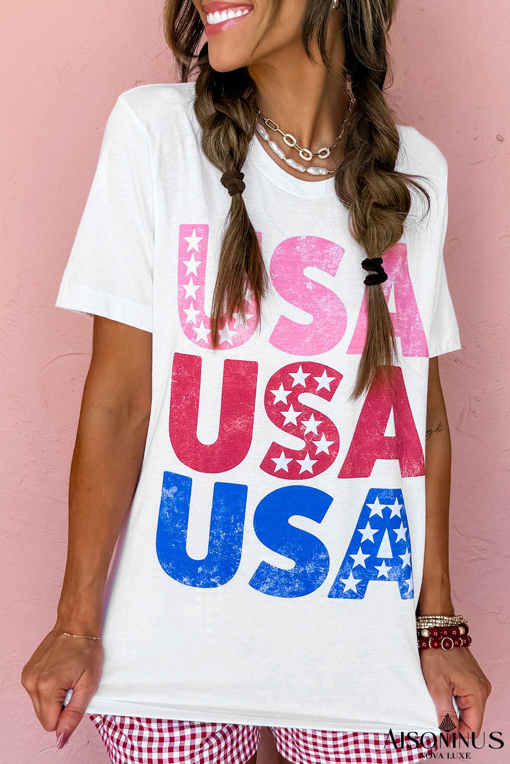 White USA Letter Graphic Cotton Blend T Shirt