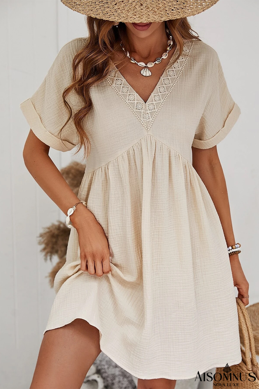 Beige Lace Splicing V Neck Rolled Up Sleeve Empire Waist Mini Dress