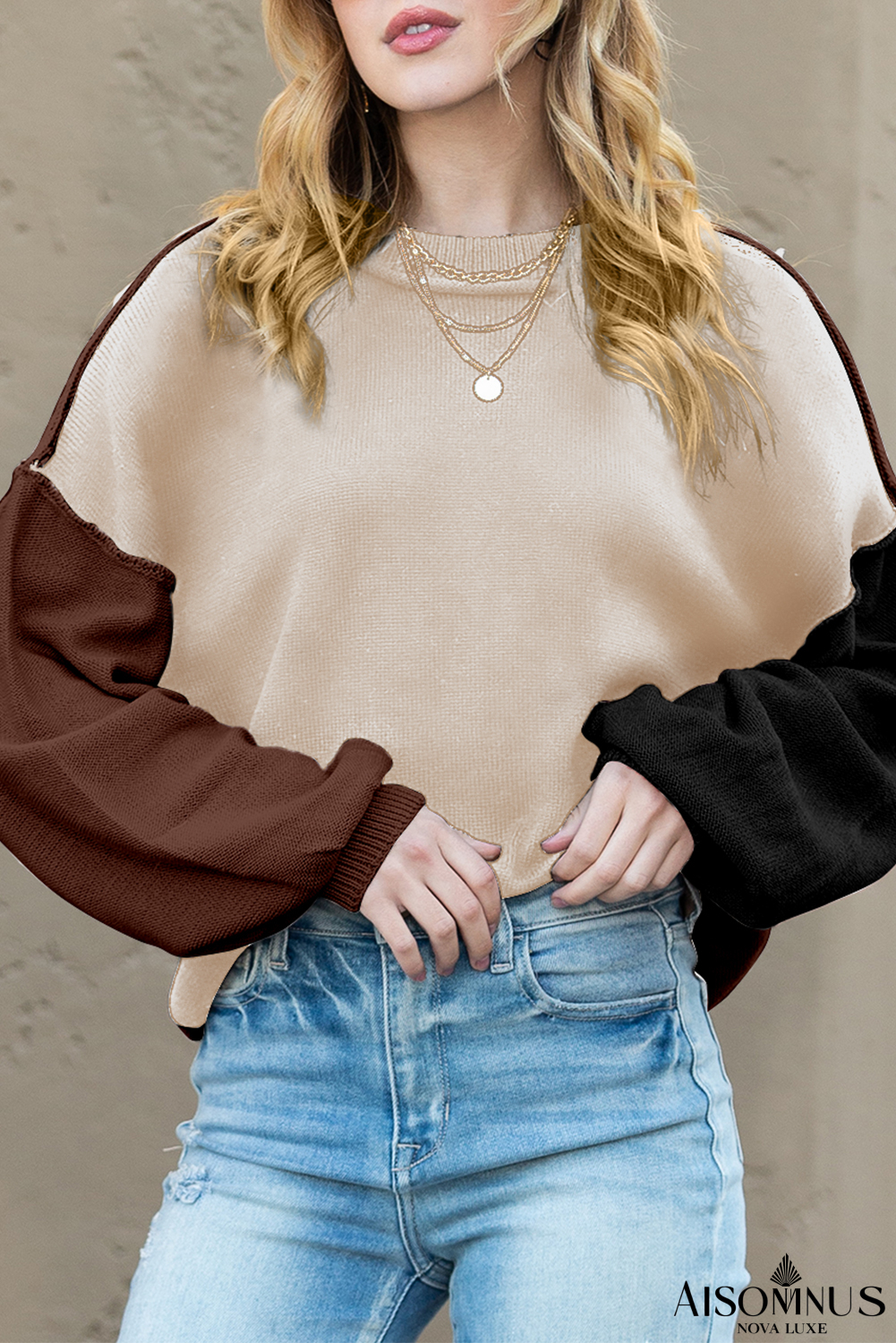 Brown Colorblock Bishop Sleeve Exposed Seam Ribbed Trim Sweater