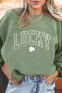 Grass Green LUCKY Clover Drop Shoulder Ribbed St Patrick Sweatshirt