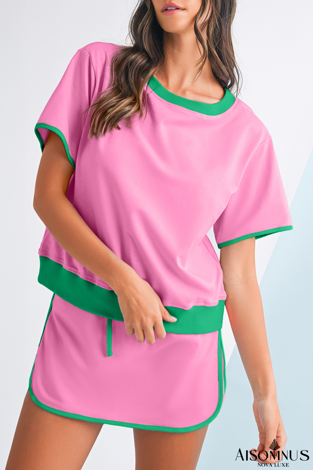 Bonbon Colorblock Edge Drop Shoulder T Shirt and Skort Set
