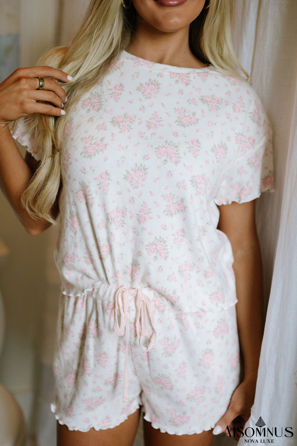 Pink Floral Print Lettuce Trim Tee and Shorts Pajama Set