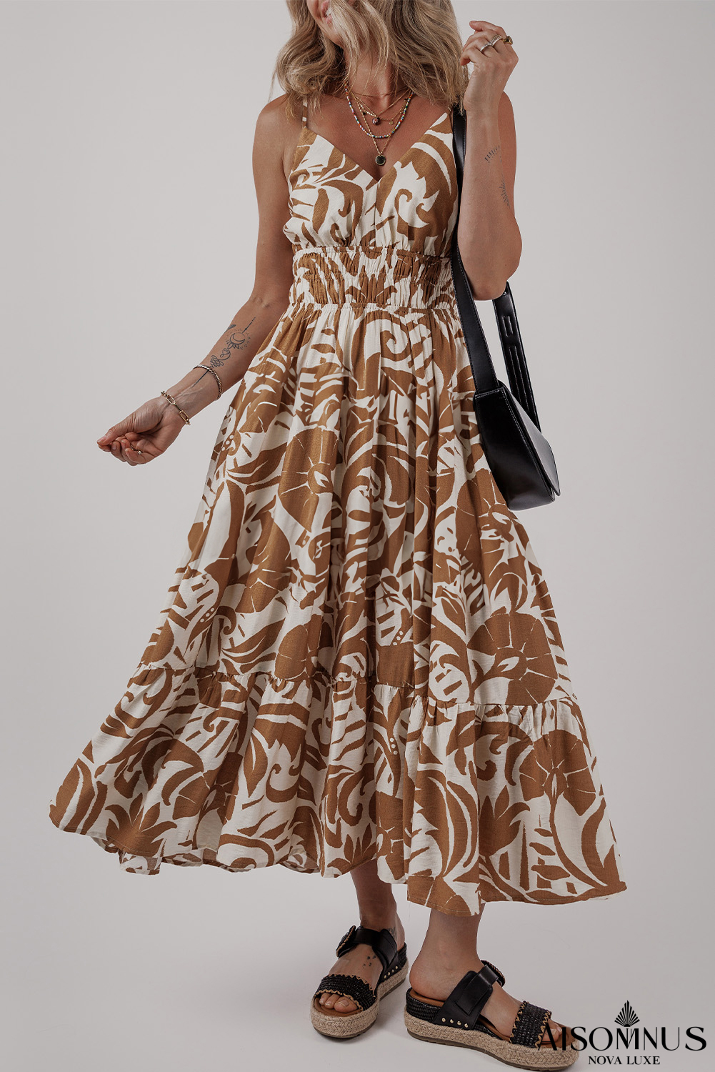 Khaki Floral Shirred High Waist Spaghetti Straps Maxi Dress