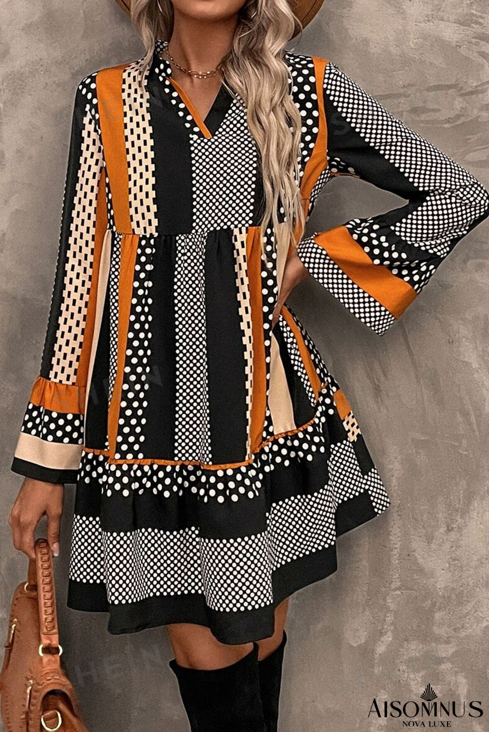 Black Striped Polka Dot Print Ruffle Hem V Neck Loose Mini Dress