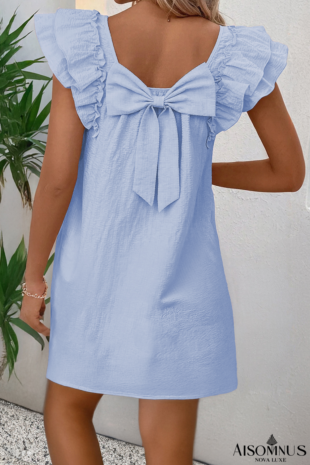 Beau Blue Textured Flutter Sleeve Square Neck Bow Back Mini Dress