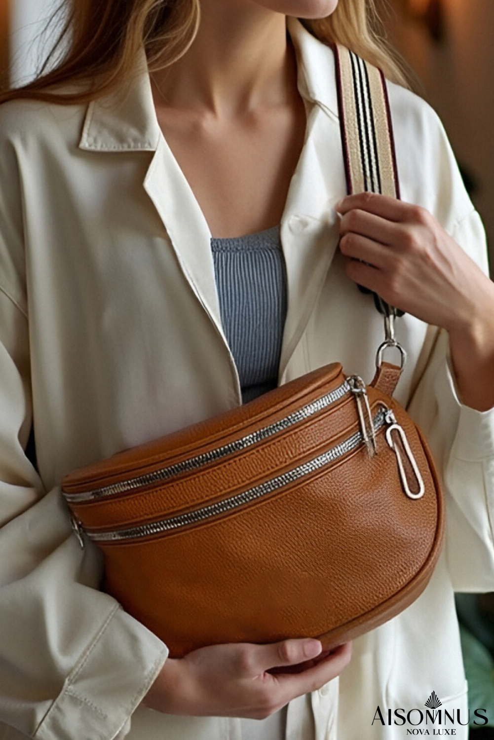 Chestnut PU Leather Zipper Crossbody Bag