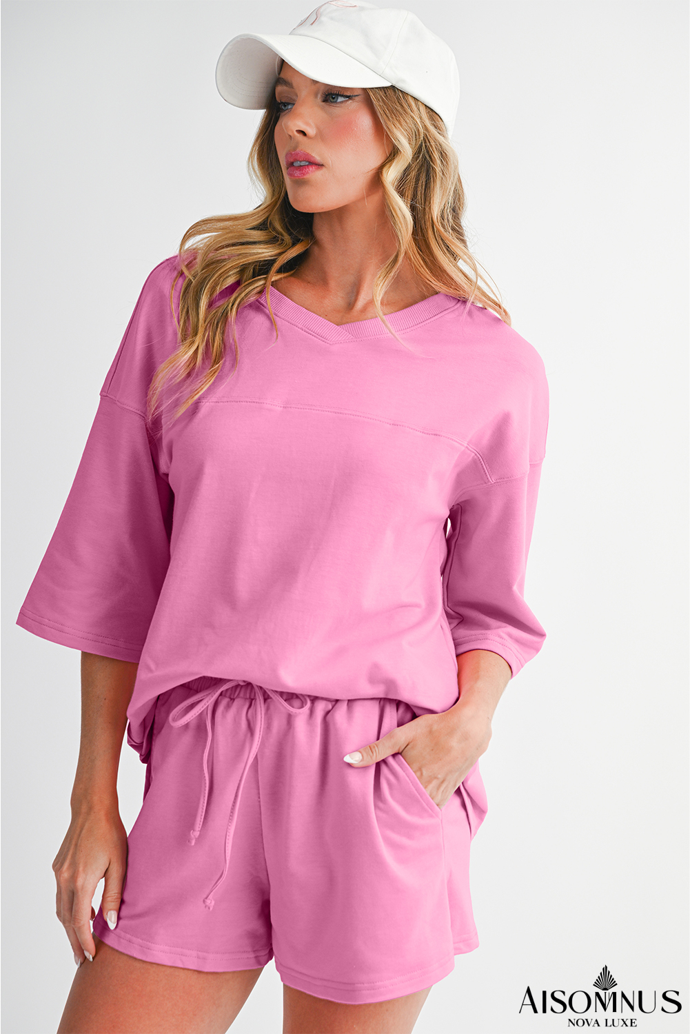 Bonbon Loose V Neck Tee and Drawstring Shorts Set