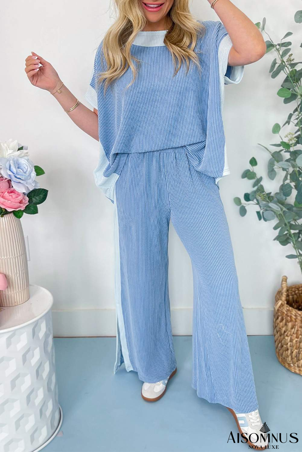 Sky Blue Colorblock Patchwork Corded Pants Set