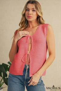 Tomato Red Lace-up Front V Neck Knit Vest