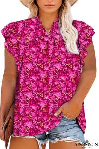 Rose Floral Print Ruffle Sleeve Plus Size Shift Top