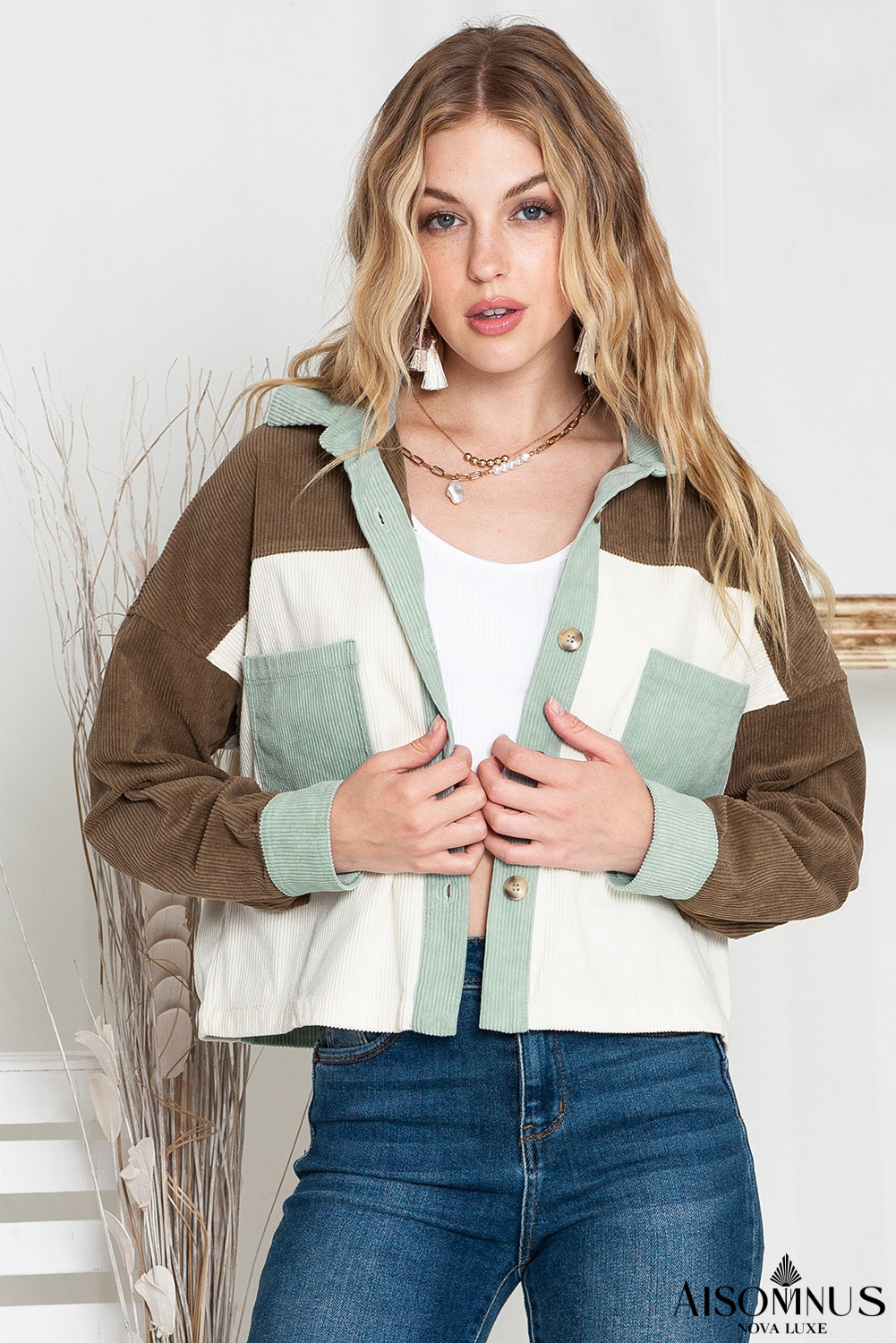 Green Color Block Button Up Cropped Corduroy Jacket