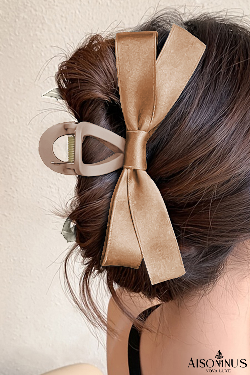 Light French Beige Solid Color Ribbon Bow Decor Hair Clip