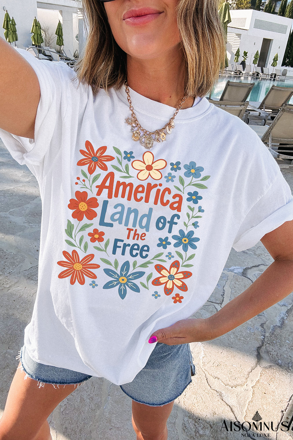 White America Land of The Free Flower Graphic Patriotic T Shirt