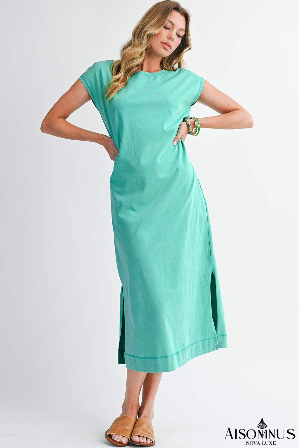 Clearly Aqua Mineral Wash Pocketed T-shirt Dress