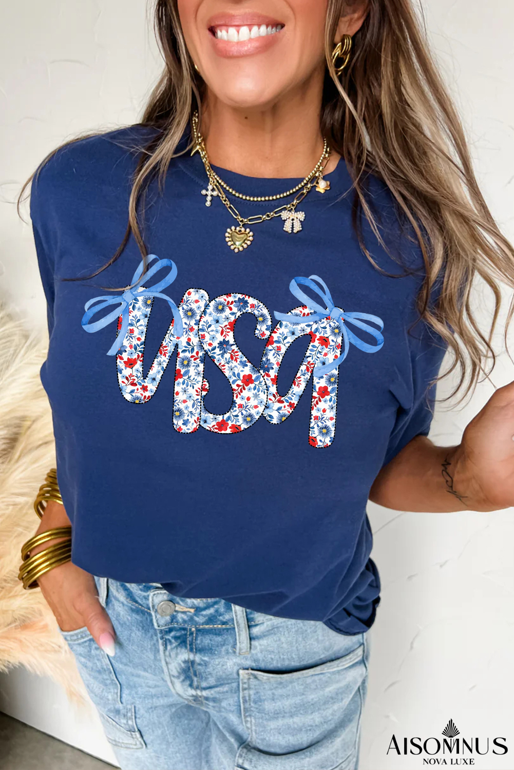 Blue Bow Floral usa Letter Print Independence Day Graphic T Shirt