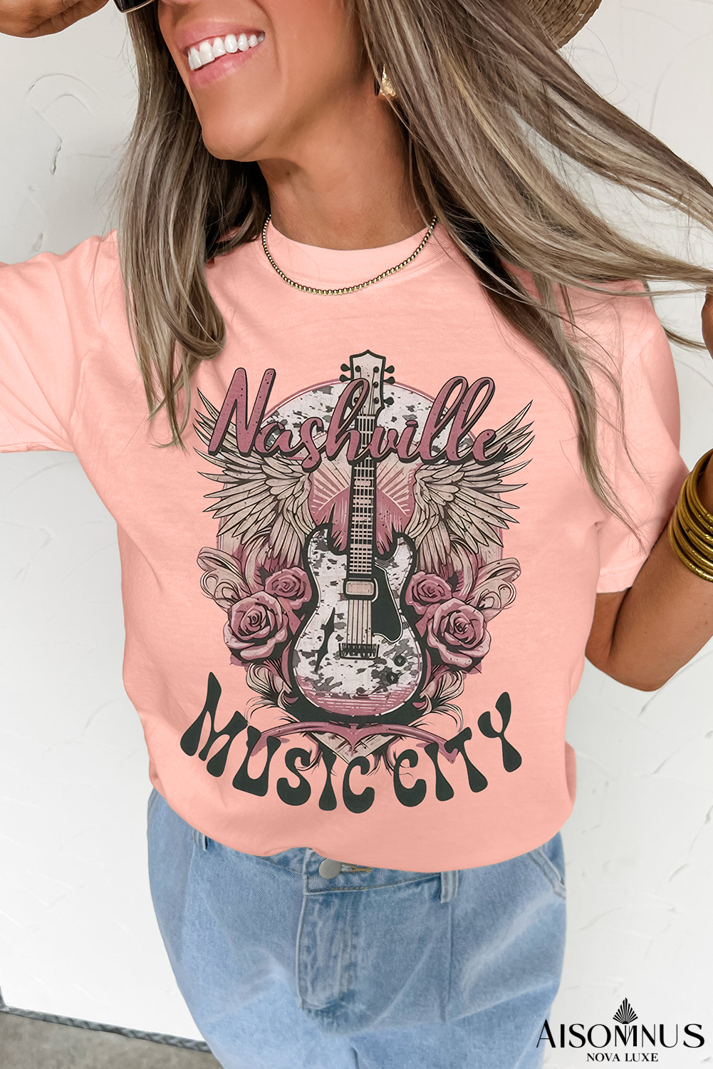 Pink Nashville Music City Guitar Graphic Tee
