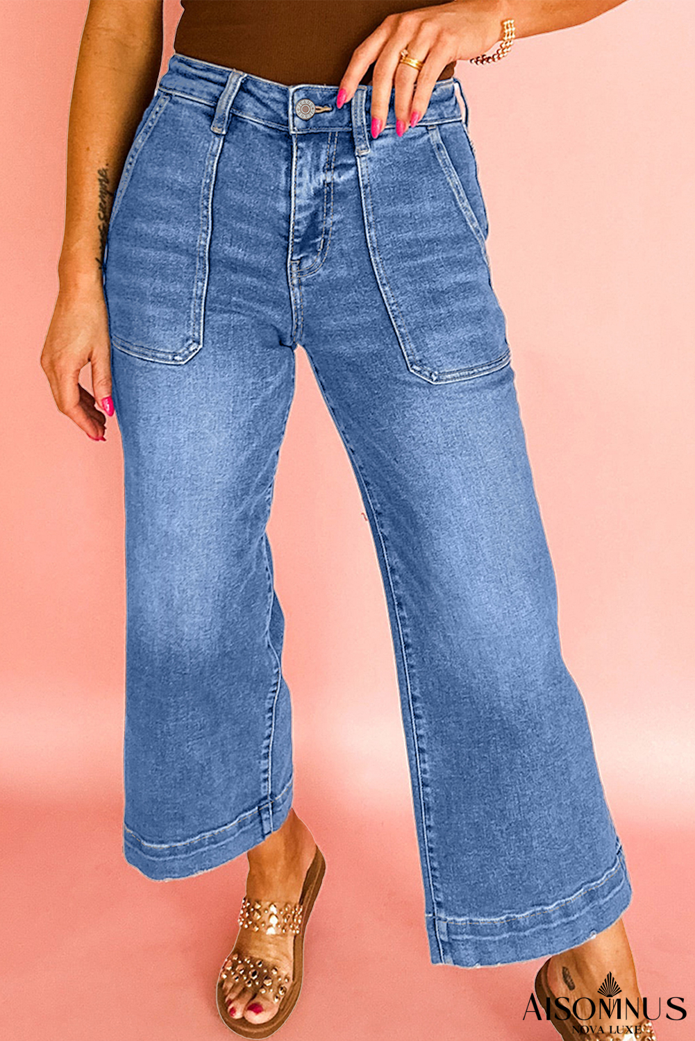 Sky Blue Cropped High Rise Wide Leg Jeans