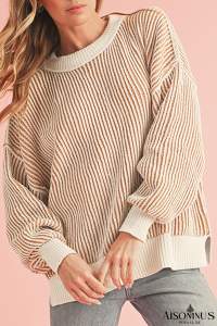 Chestnut Striped Contrast Trim Loose Sweater