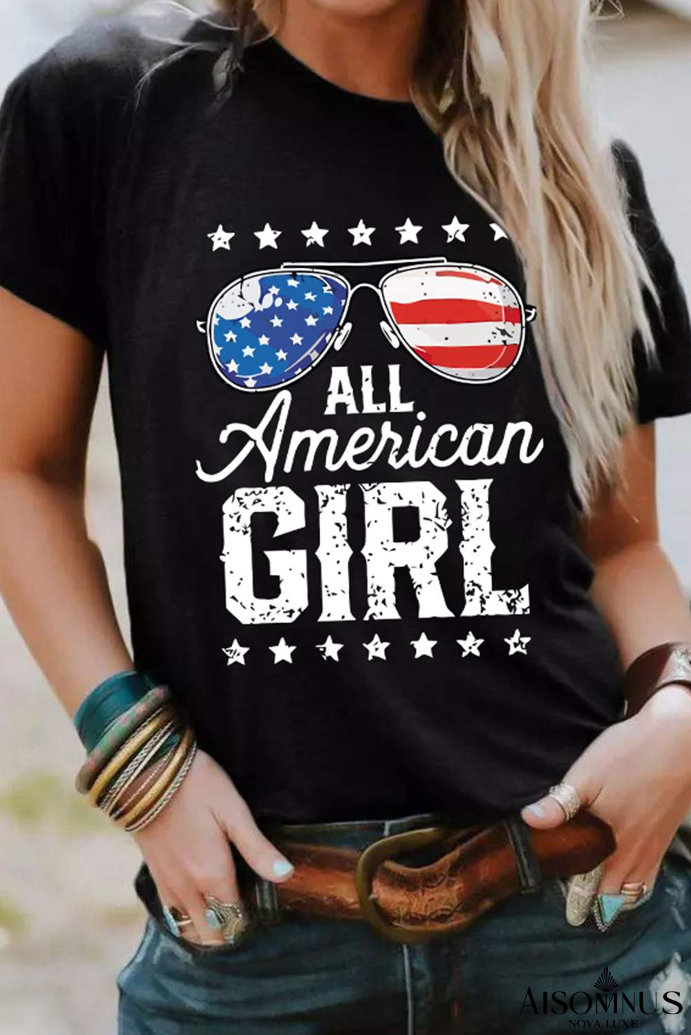 Black Stars and Stripes Glasses Slogan Graphic T Shirt