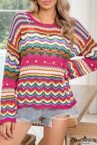 Rose Red Colorblock Striped Hollowed Knit Loose Sweater
