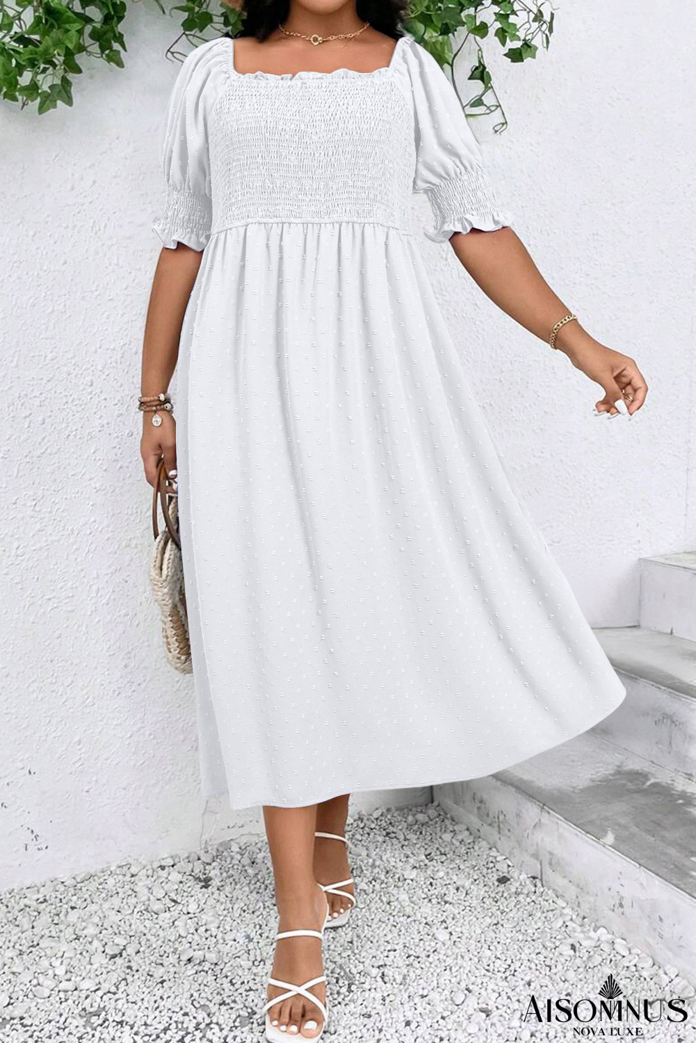 White Swiss Dot Smocked Frill Square Neck Plus Size Dress