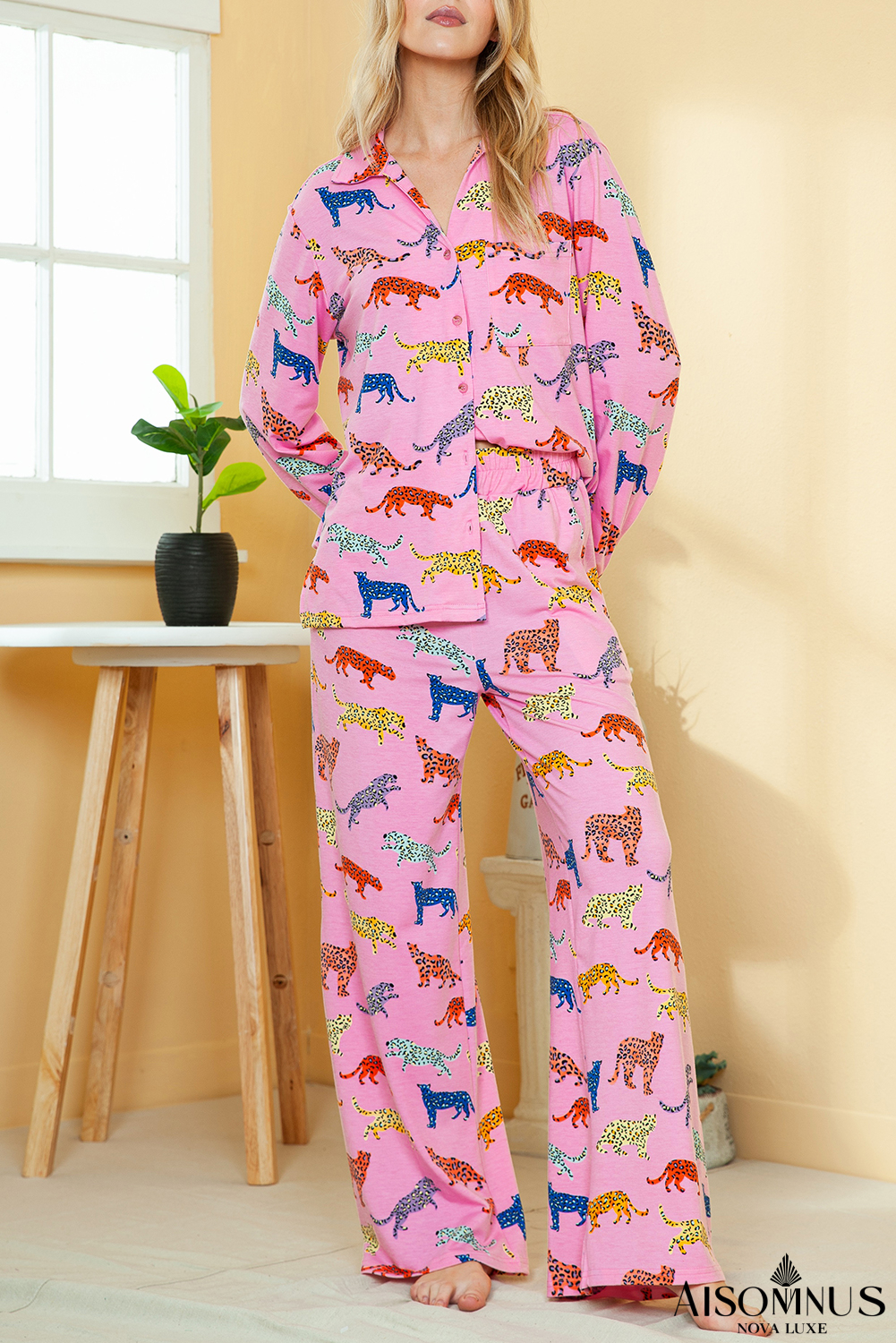 Pink Cheetah Print Shirt and Wide Leg Pants Pajama Set