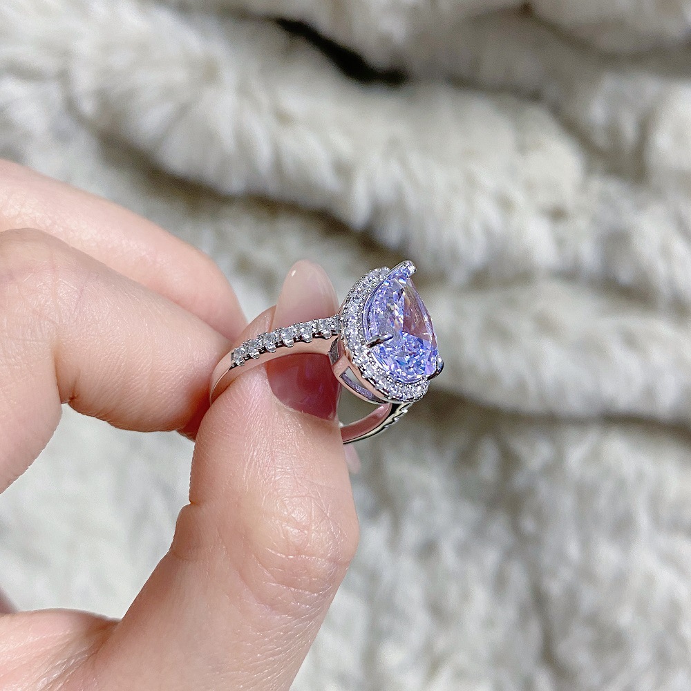 S925 sterling silver pear-shaped ring lavender purple high carbon diamond gemstone diamond ring European and American fashion zircon ring